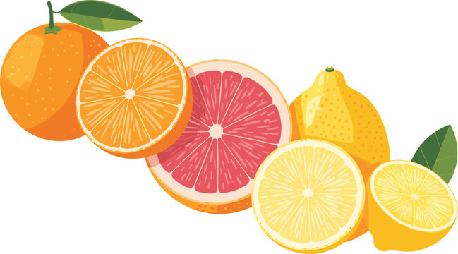 Fresh Sliced Citrus Fruit Set with Orange, Pink Grapefruit, and Lemon Halves for Healthy Food and Summer Beverage Designs