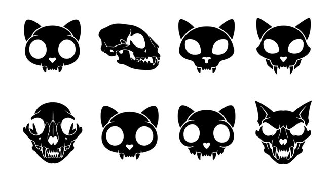 Gothic cat skull vector icons, set of 8 black feline skeleton head silhouettes, macabre animal bone illustrations for Halloween and tattoo design
