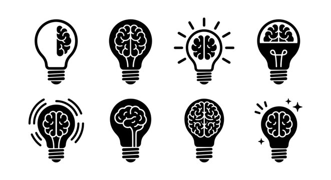 Creative brain light bulb icons set, human mind and lightbulb symbols for innovation and intelligence, 8 black vector graphics for business ideas