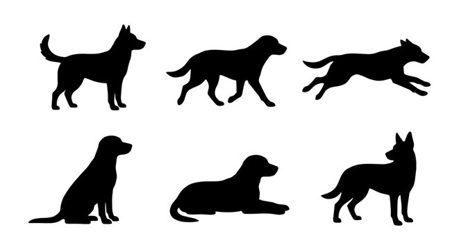 Black dog silhouettes set of 6 vector icons, canine pet animal shapes in standing sitting and running poses, minimalist domestic dog breed profiles