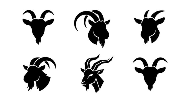 Goat head silhouette icons, set of 6 black ram and ibex vector symbols, minimalist farm animal mascot logos for branding and agriculture design