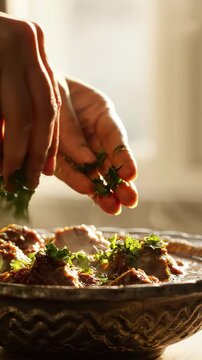 Woman in detailed gold-embroidered silk Kurta garnishing an ornate Korma stew. Authentic Eid al-Adha food preparation and South Asian heritage. Close-up of hands and traditional textiles.