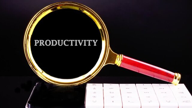A close up of a golden magnifying glass bringing the word Productivity into sharp focus on a dark desk. A white keyboard is visible