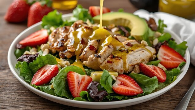 Nutritious chicken salad with strawberries and homemade dressing featuring avocado.