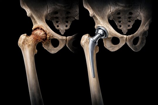 Hip osteoarthritis and total hip replacement, showing joint degeneration and prosthetic implant restoring function in proximal femur and pelvis, generative ai illustration