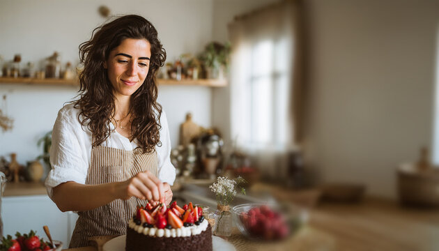 cooking and decoration of cake with cream. Young woman pastry chef in the kitchen decorating red velvet cake with flowers and berries. Master pastry chef completes work on a birthday cake