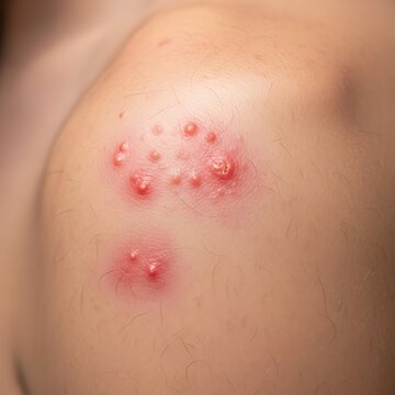 Close-up of inflamed, pus-filled bumps on skin with visible hair follicles