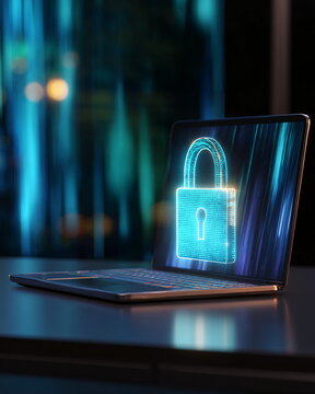 High-tech glowing digital padlock hologram security on laptop screen data protection cyber safety concept