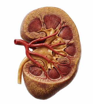 Kidney with renal arteries, generative AI illustration showing cortex, medulla and vascular branching, realistic anatomical rendering