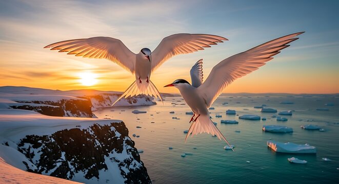Arctic terns soar over icy waters at sunset