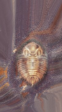 Abstract digital illustration of a prehistoric trilobite fossil embedded in textured sedimentary rock layers.