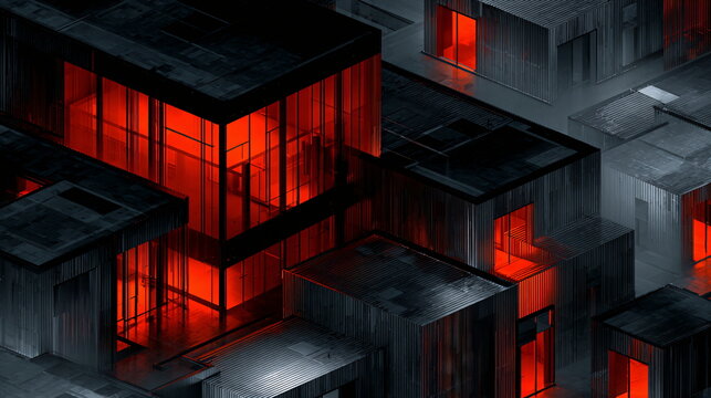 High-Tech Isometric Office Complex with Modular Cubicles in Dark Setting with Red Glow