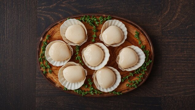 Raw scallops in shells on a wooden board with thyme. Dark background. Aerial view.