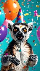 Fototapeta premium Funny Ring Tailed Lemur Wearing Party Hat Celebrating With Colorful Balloons And Confetti On Teal Background Illustration