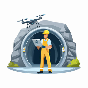 Mining Engineer Using Drone for Tunnel Inspection Illustration