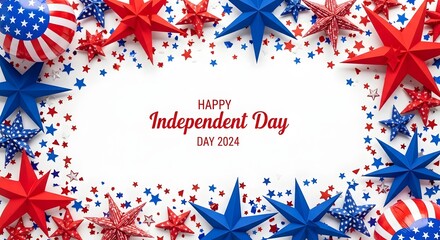 Fototapeta premium Happy independence day 2024 greeting card with red and blue paper stars and confetti isolated on white background