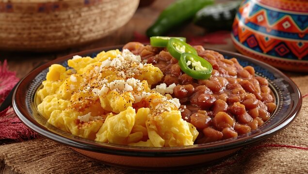 Scrambled eggs Mexican style with refried beans, panela cheese, and jalape&ntilde;o.
