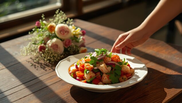 Seafood ceviche salad served on a plate.