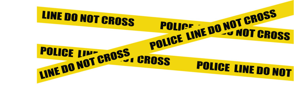 Police crime scene tape with line do not cross warning on white background yellow caution stripes