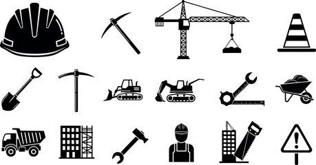 Black construction including hard hat shovel crane excavator and warning sign © GR Graphics