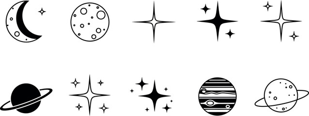 Black and white of celestial bodies and starbursts on white background space moon crescent moon planet © GR Graphics