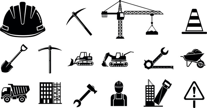 Black construction including hard hat shovel crane excavator and warning sign