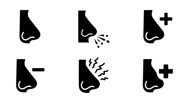 Nose health and rhinoplasty icon set, 6 medical nose vector symbols, nasal surgery and breathing problem icons, black silhouette human nose illustrations