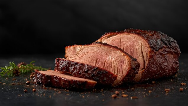 Sliced BBQ brisket on a dark backdrop.