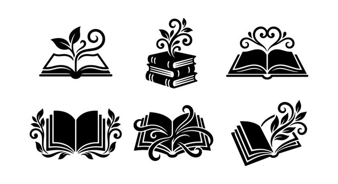 Minimalist book icons with growing leaves, black and white literary floral vector set, 6 organic education logos for publishing and storytelling
