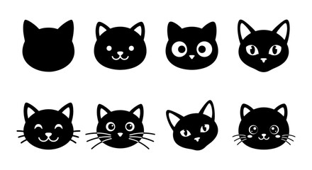 Fototapeta premium Black cat head icons set, minimalist feline face silhouettes, 8 cute kitten emoji vector illustrations, simple animal character design elements