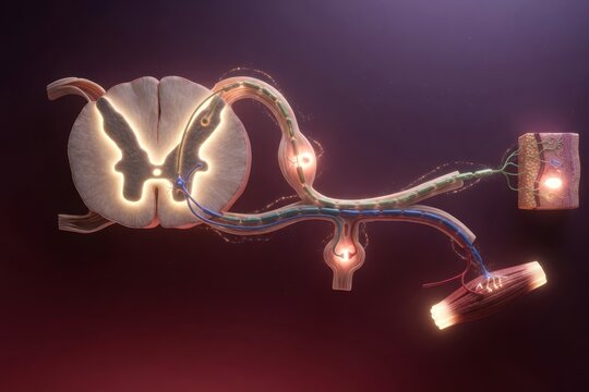Neural pathway in spinal cord, generative AI illustration showing sensory and motor impulse transmission with spinal ganglion and nerve roots