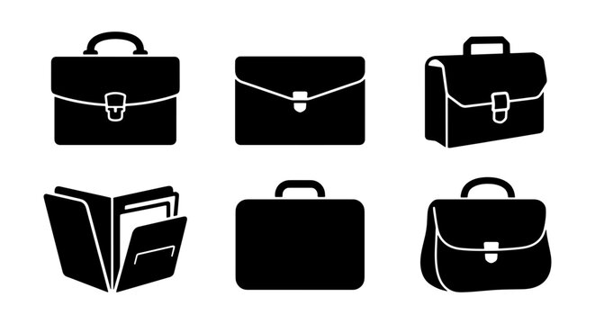 Professional briefcase icons set, black business bag silhouettes, 6 office portfolio and document folder vector elements for corporate branding