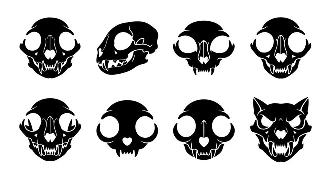 Cat skull vector set, black feline animal bone silhouettes, 8 gothic kitten skull icons, macabre anatomy illustrations for halloween and tattoo design