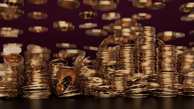 Gold dollar coins falling and forming stacks. Wealth generation, investment, finance, or fortune concepts.