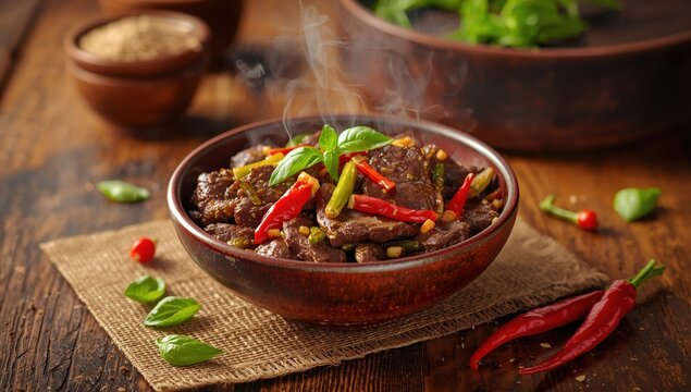 Spicy Thai basil beef dish, known as pad kra pao neua, on a wooden table.