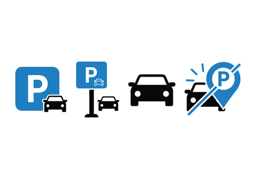 Set of parking icons with car symbols, vector illustration for navigation and location services
