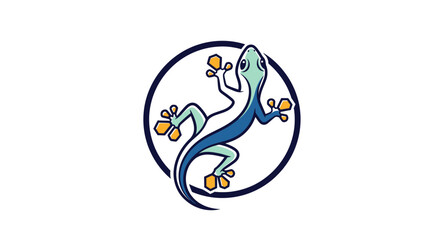 Obraz premium Stylized blue and green gecko with yellow feet inside a dark blue circular logo on a white background.
