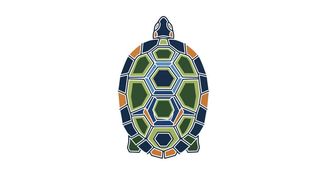 Stylized geometric turtle shell illustration with colorful hexagonal patterns.
