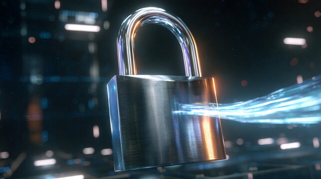 A gleaming metal padlock securely protecting digital data flow, symbolizing cyber security