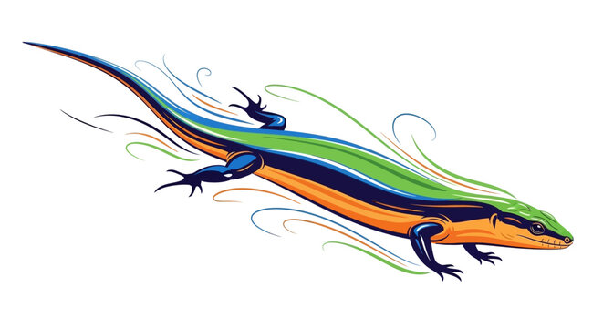 Vibrant and stylized illustration of a colorful lizard, possibly a skink, with a green and blue back and an orange belly, surrounded by dynamic swirling lines.