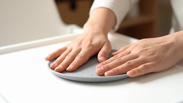 Hand using smartphone above bright white table top