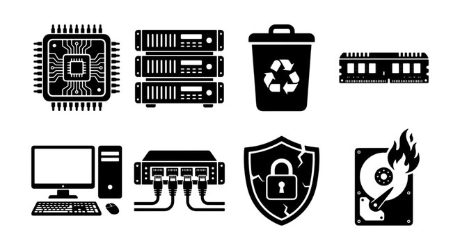 Computer hardware and data security icon set, 8 black vector symbols for IT infrastructure, server maintenance and cybersecurity concepts