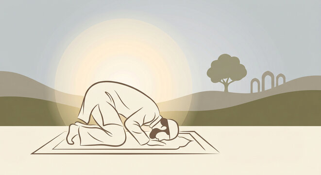 Muslim man performs sujood on prayer mat, embodying spiritual devotion