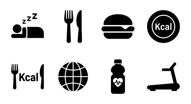 Health and Diet Icons: Sleep, Food, Calories, Fitness, Nutrition, Global Health, Vector Set