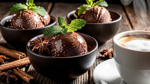 Chocolate ice cream scoops placed in black bowls next to coffee cups on rustic wooden table. Fresh mint and spices add flavor. Concept of dessert, cafes, ice cream shops