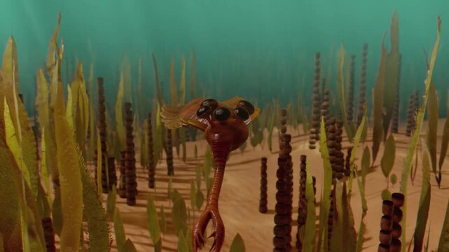 A 10-second realistic 3D CGI animation of the unique Cambrian arthropod, Opabinia regalis. The creature is depicted swimming across a detailed prehistoric Cambrian seafloor.