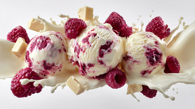 pink raspberry and vanilla ice cream ball in a spoon on white empty background. Raspberry ice cream