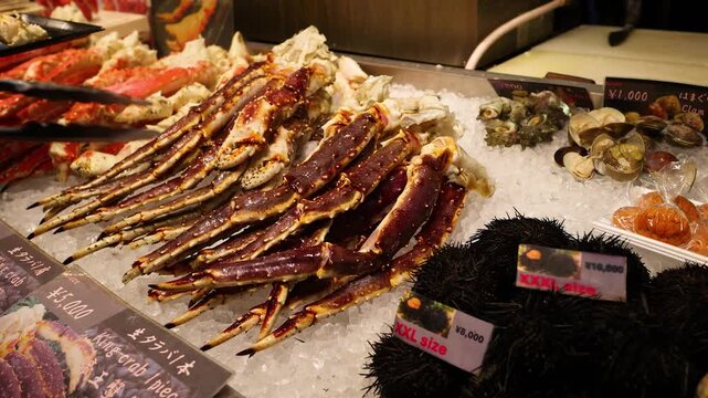 Fresh Seafood Display with King Crab Legs at Kuromon Market Osaka