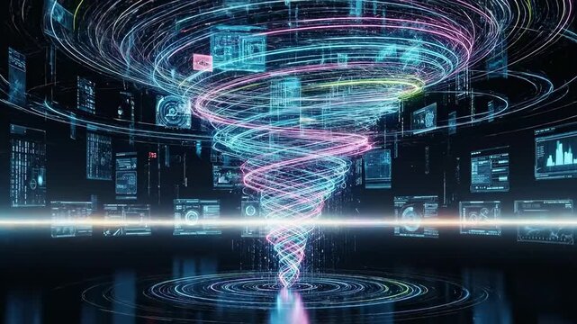 Neon swirling data vortex visualization technology.