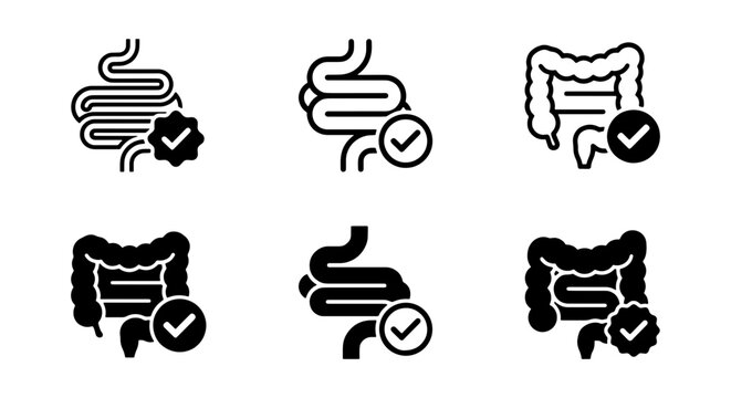Healthy intestine icon set, human digestive system with checkmark symbols, 6 medical gut health vector icons for gastroenterology and probiotics